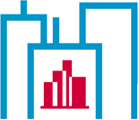 A red and blue graphic with pipes in the background