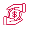 A red and black icon of two hands holding a dollar sign.