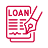 A red and black icon of a paper with scissors cutting the word loan.