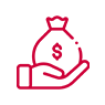 A red and black icon of a hand holding a money bag